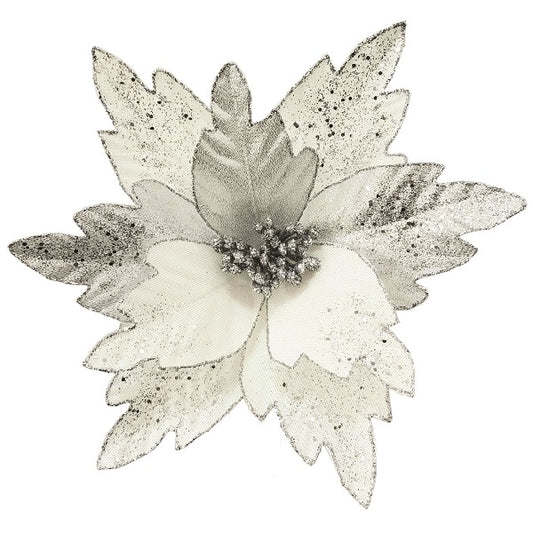 Clip On, Maxi White with Silver Glitter Poinsettia 28cm, RRP $21.95